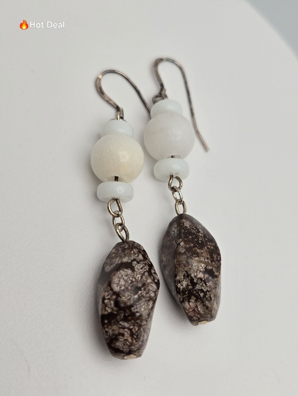 Handmade Boho Gemstone Dangle Earrings White Marble Brown Jasper